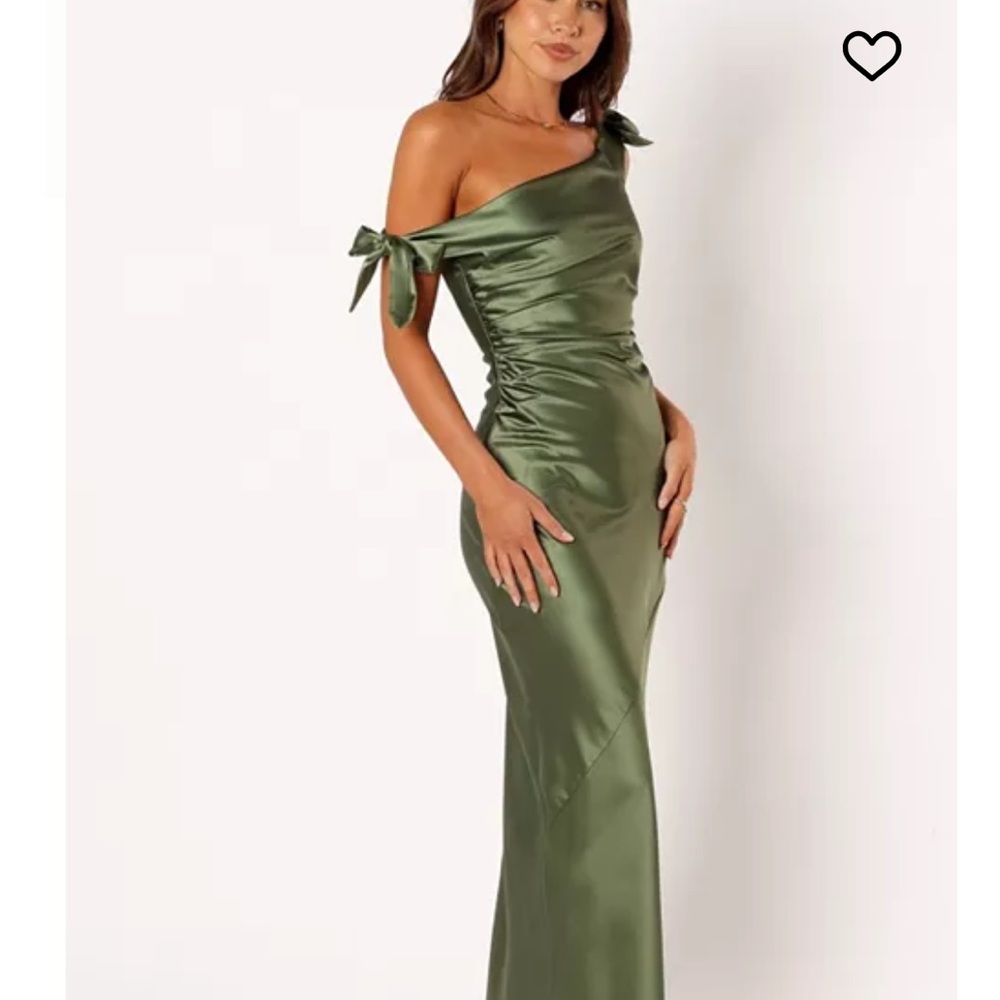 Petal & Pup Olive Green One-Shoulder Satin Gown
